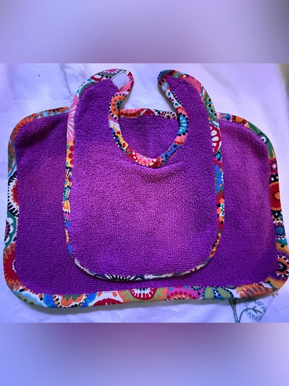 New Handmade Violet Terry Cloth Bib and Burp Cloth Set with Colorful Trim